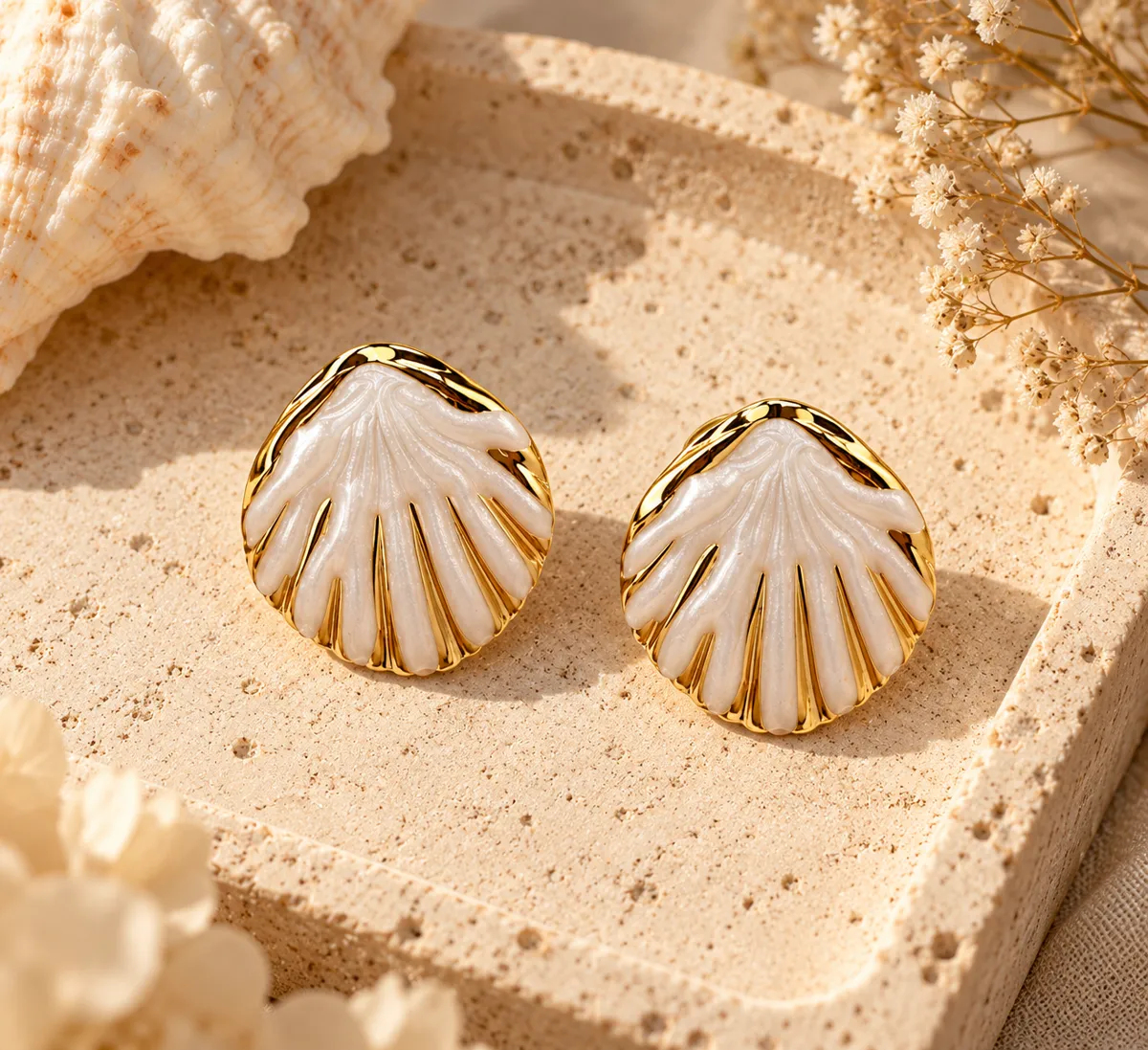 Ivory Tide Shell Stud Earrings – Gold Plated 304 Stainless Steel with Enamel